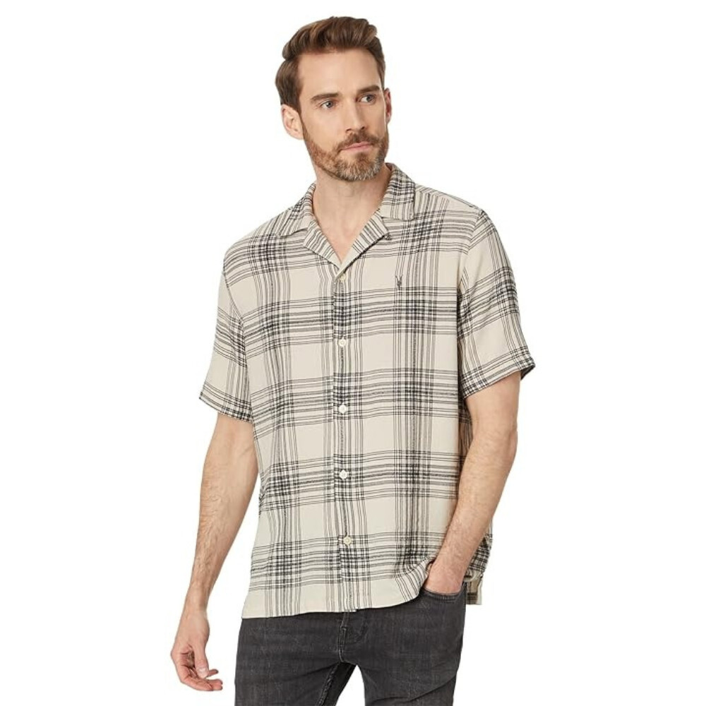 AllSaints Padres Shirt Men's L White Check Cotton Camp Collar Button Up RED1056